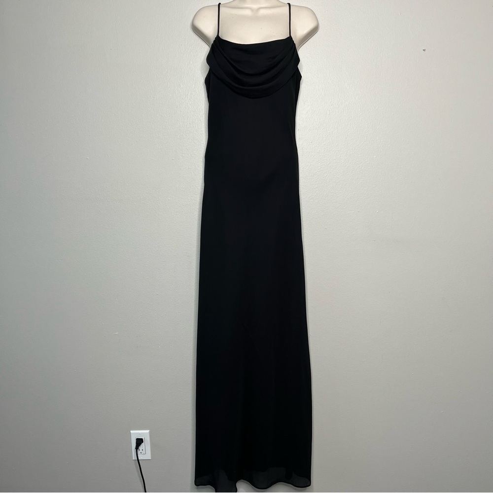 Onyx‎ Nite Women Dress M Black Cowl Neck Spaghetti Strap Maxi Vintage Evening
